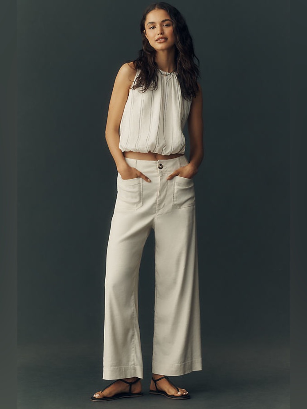 Maeve The Colette Linen Blend Crop Wide-leg Pants in Chalk White - Size 26 - Picture 4 of 15